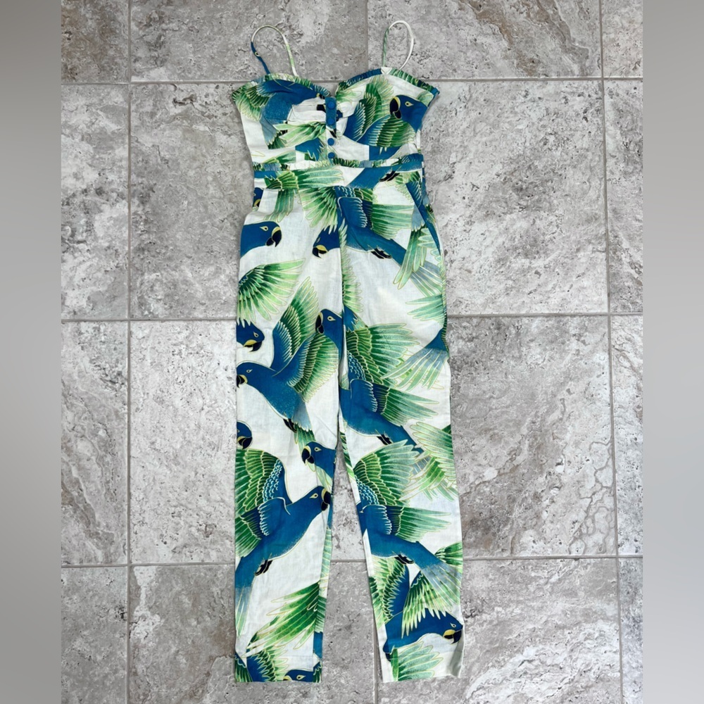 FARM Rio NWT Araras Parrot Print Smocked Linen Relaxed Fit White Jumpsuit, XS - Picture 14 of 14